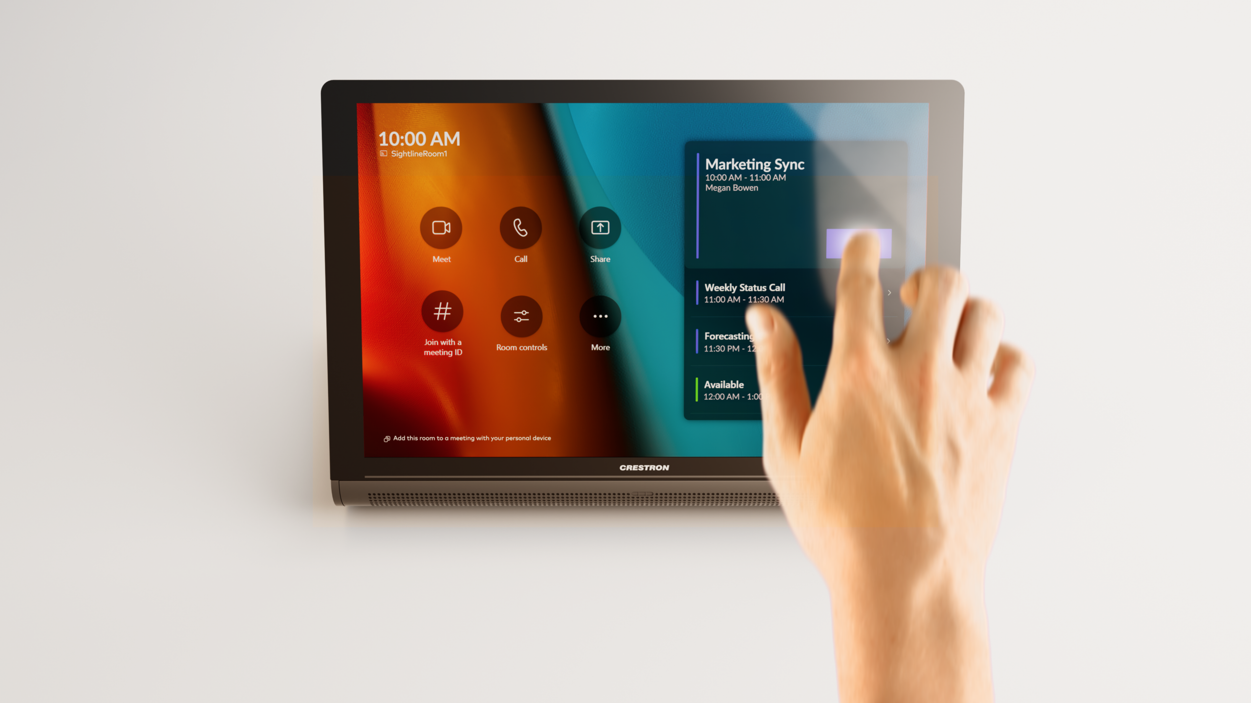 Crestron tabletop touch panel showing a room schedule, being operated by hand